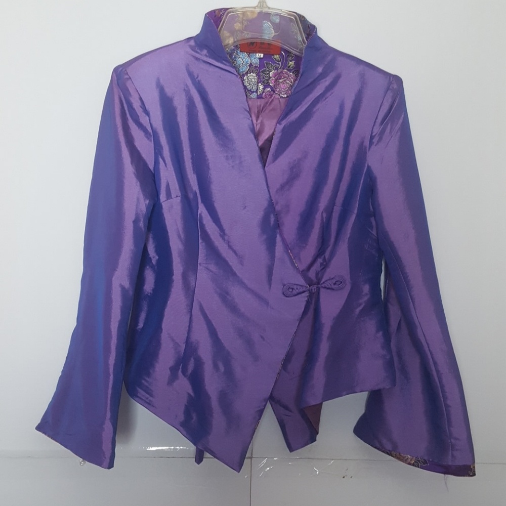 VTG Satin Knot Tie Jacket Blazer Purple SZ M